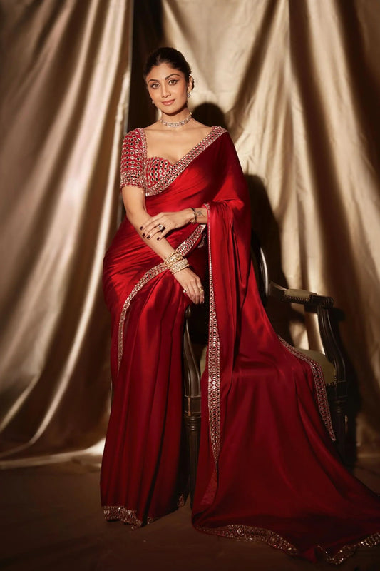 Shilpa Shetty Stuns in a Red Georgette Ajrakh Saree – A Style Statement to Remember