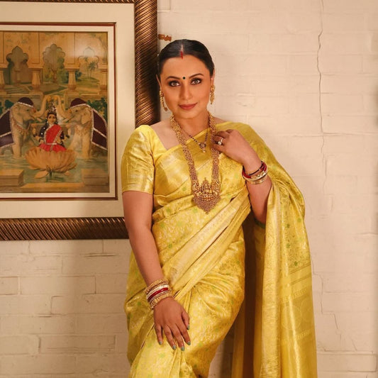 Rani Mukerji Dazzles in a Vibrant Yellow Kanjeevaram Saree and Traditional Temple Jewelry