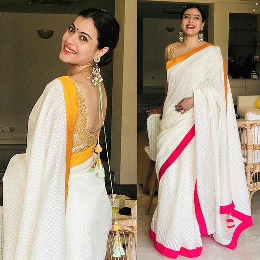 Kajol Dazzles in Ethereal White Saree During Maa Promotions