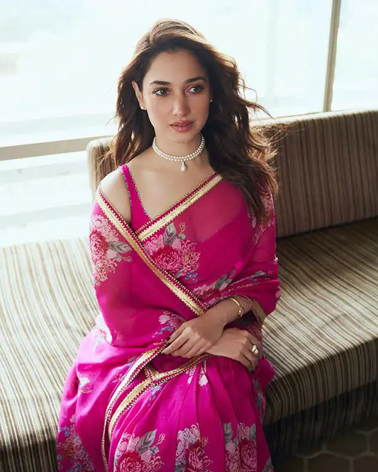 Tamannaah Bhatia Radiates Grace in Pink Floral Saree