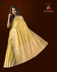 Pale Yellow Kanchipuram Silk Saree with Elephant and Annapakshi Jackard on the body with Ivory contrast border and Pale Yellow Diagonal lines pallu