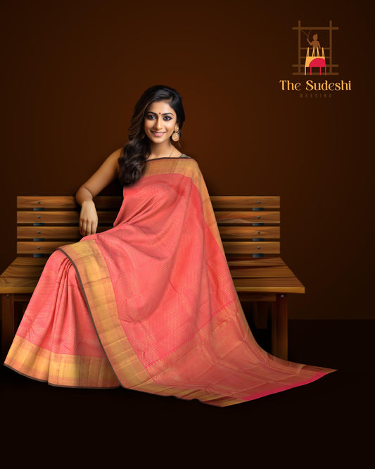 Candy Pink Kanchipuram Silk Saree with Rudraksham Jackard on the body with Self Green piping border and Pink Mayilkan geetti pallu
