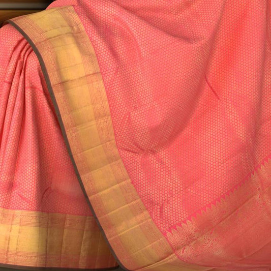 Candy Pink Kanchipuram Silk Saree with Rudraksham Jackard on the body with Self Green piping border and Pink Mayilkan geetti pallu