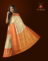 Off White Kanchipuram Silk Saree with Tissue zari on the body with Orange contrast border and Orange annam pallu