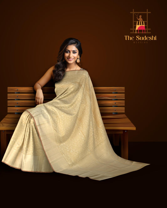 Beige Kanchipuram Silk Saree with Animals - Elephant, Yaali, Horse Jackard on the body with Beige self border and Beige Mango pallu