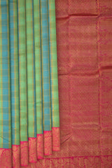 Light Green and Light Blue Checks Kanchipuram Silk Saree with Dual Tone Checks on the body with Rani Pink contrast border and Rani Pink Floral diagonal lines pallu