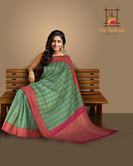 Light Green and Light Blue Checks Kanchipuram Silk Saree with Dual Tone Checks on the body with Rani Pink contrast border and Rani Pink Floral diagonal lines pallu