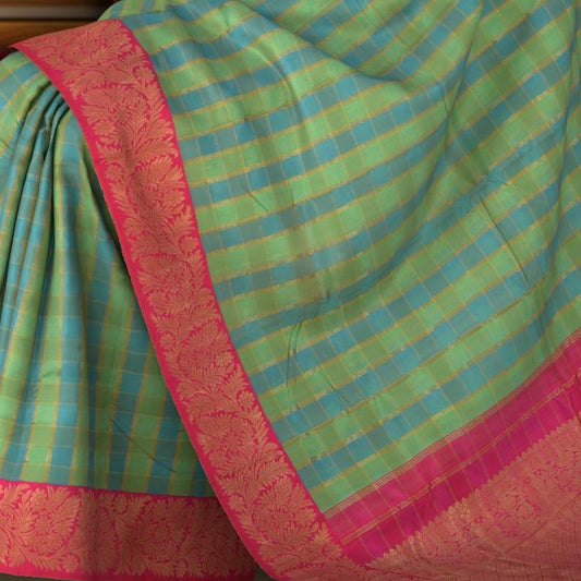 Light Green and Light Blue Checks Kanchipuram Silk Saree with Dual Tone Checks on the body with Rani Pink contrast border and Rani Pink Floral diagonal lines pallu