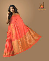 Peach Kanchipuram Silk Saree with Plain on the body with Peach self Mango Motif border and Peach Grand Tissue Pallu