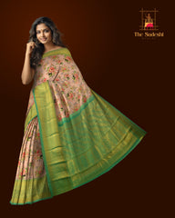 Mouve with red and purple flowers Kanchipuram Silk Saree with Floral digital Plain on the body with Sea Green contrast border and Sea Green pallu with diagonal lines and floral motif pallu