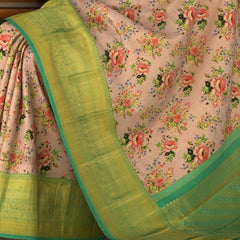 Mouve with red and purple flowers Kanchipuram Silk Saree with Floral digital Plain on the body with Sea Green contrast border and Sea Green pallu with diagonal lines and floral motif pallu