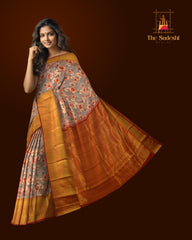 Grey with red flowers Kanchipuram Silk Saree with Floral digital Plain on the body with Red contrast border and Red pallu with diagonal lines and floral motif pallu