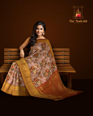 Nude Pink with Orange roses Kanchipuram Silk Saree with Floral digital Plain on the body with Rust Orange contrast border and Rust orange pallu with diagonal lines and floral motif pallu