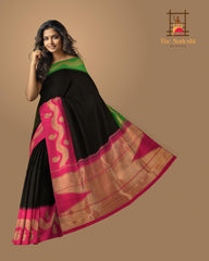 Black Kanchipuram Silk Saree with Plain on the body with Ganga Jamuna Border (1 side green, 1 side pink) border and Pink 8 Kol Pallu with Seepu Reku with bold temple