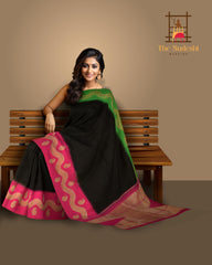 Black Kanchipuram Silk Saree with Plain on the body with Ganga Jamuna Border (1 side green, 1 side pink) border and Pink 8 Kol Pallu with Seepu Reku with bold temple