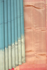 Blue Kanchipuram Silk Saree with Organza Checks body with Temple Gatti Zari Contrast border and Dual Tone - Pink and Orange Pallu