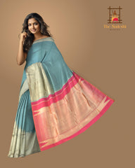 Blue Kanchipuram Silk Saree with Organza Checks body with Temple Gatti Zari Contrast border and Dual Tone - Pink and Orange Pallu