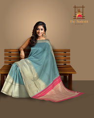 Blue Kanchipuram Silk Saree with Organza Checks body with Temple Gatti Zari Contrast border and Dual Tone - Pink and Orange Pallu