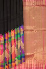 Black Kanchipuram Silk Saree with Plain body with Mango motif geometrical pattern Contrast border and Pink 8 Kol Pallu with seepu rekku