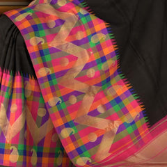 Black Kanchipuram Silk Saree with Plain body with Mango motif geometrical pattern Contrast border and Pink 8 Kol Pallu with seepu rekku