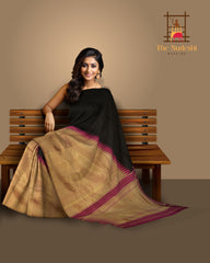 Black Kanchipuram Silk Saree with Plain Long Border . Air India Saree body with Geometrical pattern Self border and Purple Pallu with 8 Kol Seer Reku Tissue Pallu. Raising Border (Air India)