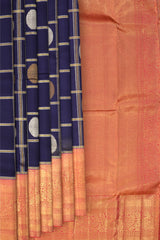 Navy Blue Kanchipuram Silk Saree with Checks Check - Silver and Gold body with Annapakshi Contrast border and Pink grand Pallu with peacock motif. Tissue Pallu