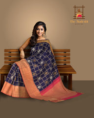 Navy Blue Kanchipuram Silk Saree with Checks Check - Silver and Gold body with Annapakshi Contrast border and Pink grand Pallu with peacock motif. Tissue Pallu