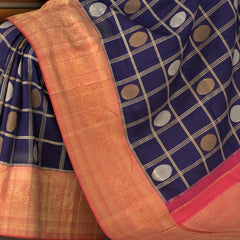 Navy Blue Kanchipuram Silk Saree with Checks Check - Silver and Gold body with Annapakshi Contrast border and Pink grand Pallu with peacock motif. Tissue Pallu
