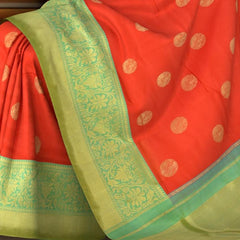 Chilli Red Kanchipuram Silk Saree with Plain Motif Round body with Floral Contrast border and Pista Green Grand Tissue Pallu