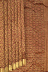 Maroon Kanchipuram Silk Saree with Jackard Jackard - Tear body with Mango Bavanchi Self border and Grand Maroon Pallu with Embossed Flower Motif with Basket Weave Pattern