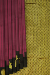 Pink and Black Woven Kanchipuram Silk Saree with Threadwork Vertical body with Peacock Motif Contrast border and Black Pallu with Floral Motif