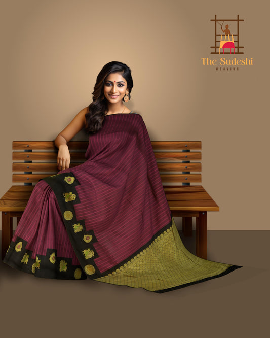 Pink and Black Woven Kanchipuram Silk Saree with Threadwork Vertical body with Peacock Motif Contrast border and Black Pallu with Floral Motif