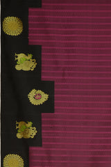 Pink and Black Woven Kanchipuram Silk Saree with Threadwork Vertical body with Peacock Motif Contrast border and Black Pallu with Floral Motif