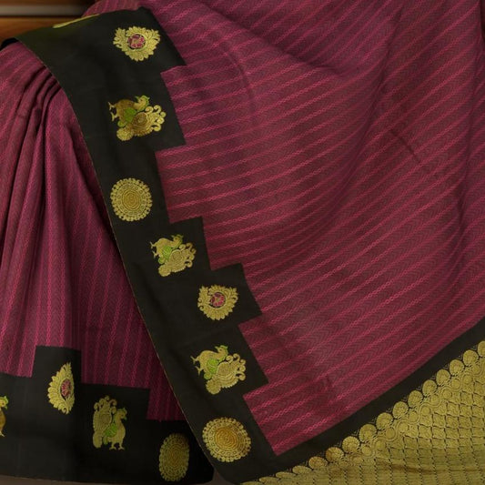 Pink and Black Woven Kanchipuram Silk Saree with Threadwork Vertical body with Peacock Motif Contrast border and Black Pallu with Floral Motif