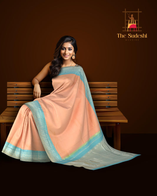 Light Peach Kanchipuram Silk Saree with Plain Silver Zari body with Temple Contrast border and Grand Powder Blue Tissue Pallu with silver zari