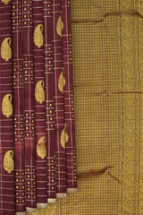 Maroon Kanchipuram Silk Saree with Checks Borderless saree body with Contrast border and Grand Maroon Pallu with Peacocks, Elephant and Rudraksham Checks