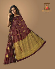 Maroon Kanchipuram Silk Saree with Checks Borderless saree body with Contrast border and Grand Maroon Pallu with Peacocks, Elephant and Rudraksham Checks