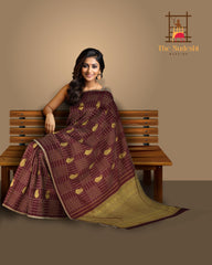 Maroon Kanchipuram Silk Saree with Checks Borderless saree body with Contrast border and Grand Maroon Pallu with Peacocks, Elephant and Rudraksham Checks