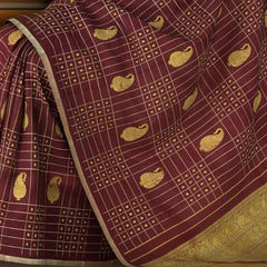 Maroon Kanchipuram Silk Saree with Checks Borderless saree body with Contrast border and Grand Maroon Pallu with Peacocks, Elephant and Rudraksham Checks