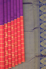 Purple Kanchipuram Silk Saree with Checks Half - half body with Contrast border and Blue Pallu with floral motif and diamond design
