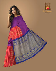 Purple Kanchipuram Silk Saree with Checks Half - half body with Contrast border and Blue Pallu with floral motif and diamond design