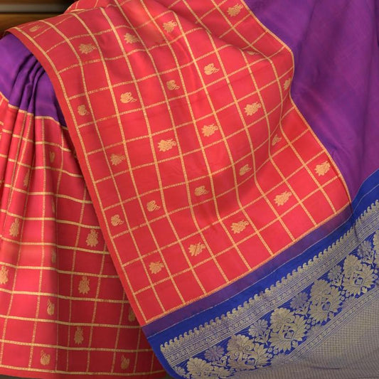 Purple Kanchipuram Silk Saree with Checks Half - half body with Contrast border and Blue Pallu with floral motif and diamond design