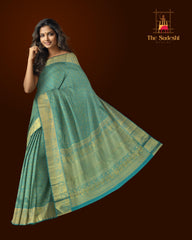 Bluish Green Kanchipuram Silk Saree with Jacquard Floral body with Mango Self border and Lotus floral Pallu