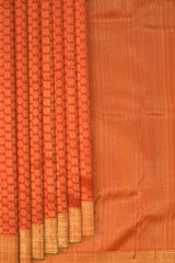 Chilli Red Kanchipuram Silk Saree with Plain Annapakshi and Rudraksham body with Smal line design Contrast border and Red Pallu with rudraksham, mango, intricately designs