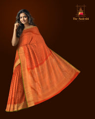 Chilli Red Kanchipuram Silk Saree with Plain Annapakshi and Rudraksham body with Smal line design Contrast border and Red Pallu with rudraksham, mango, intricately designs