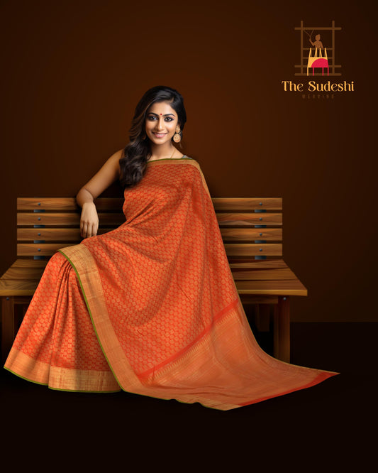 Chilli Red Kanchipuram Silk Saree with Plain Annapakshi and Rudraksham body with Smal line design Contrast border and Red Pallu with rudraksham, mango, intricately designs