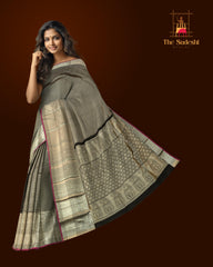 Black Kanchipuram Silk Saree with Jackard Checks body with Floral Self border with Purple Edging and Black Pallu with Mango Motif with diamond Butta