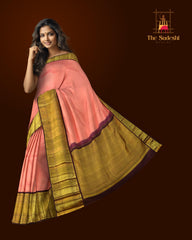 Lotus Pink (Sneha saree) Kanchipuram Silk Saree with Jackard Small tilak body with Annapakshi and Elephant Contrast border and Coffee Brown Grand Pallu with diamond design