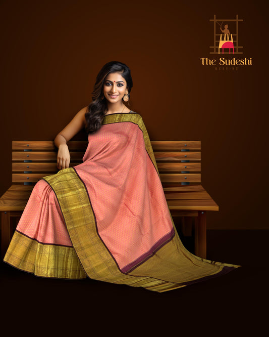 Lotus Pink (Sneha saree) Kanchipuram Silk Saree with Jackard Small tilak body with Annapakshi and Elephant Contrast border and Coffee Brown Grand Pallu with diamond design