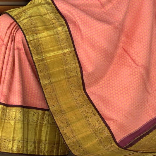 Lotus Pink (Sneha saree) Kanchipuram Silk Saree with Jackard Small tilak body with Annapakshi and Elephant Contrast border and Coffee Brown Grand Pallu with diamond design